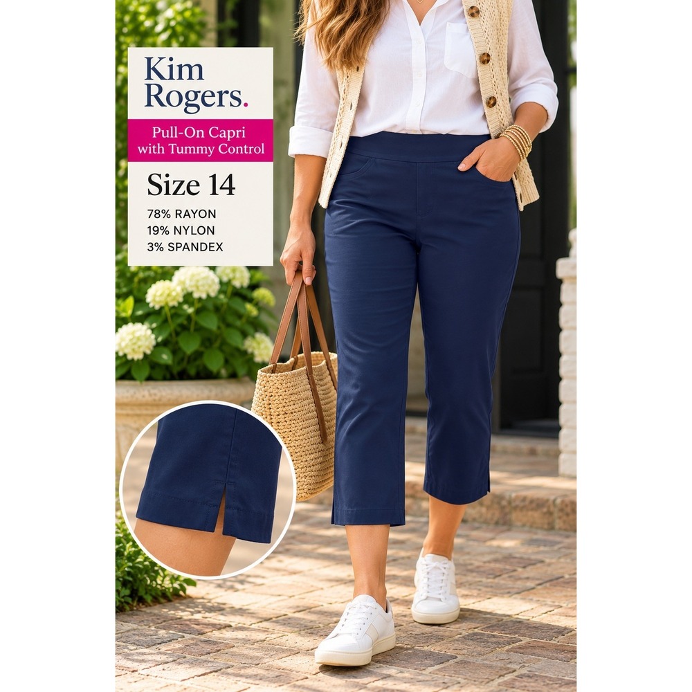 Kim Rogers Womens Navy Blue Tummy Control Pull On Capri Pants Size 14 Millennium
